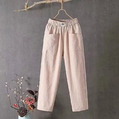 Damen Leinenhose Weites Bein Elastischer Bund Hoher Taille Mehrfarbig