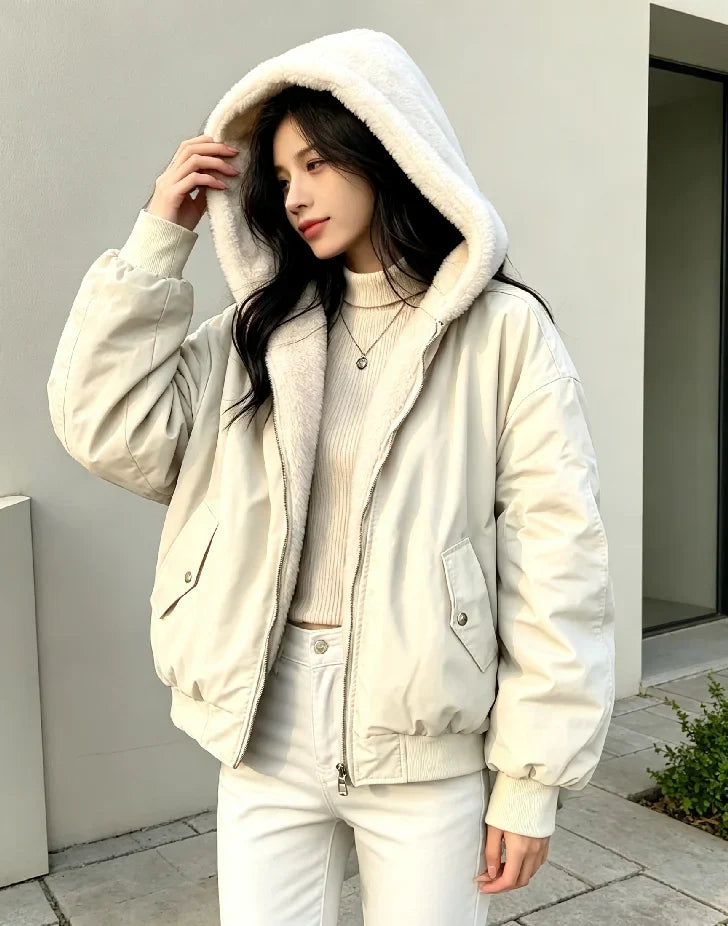 Damen Bomberjacke mit Kapuze Teddyfleece Futter Reißverschluss