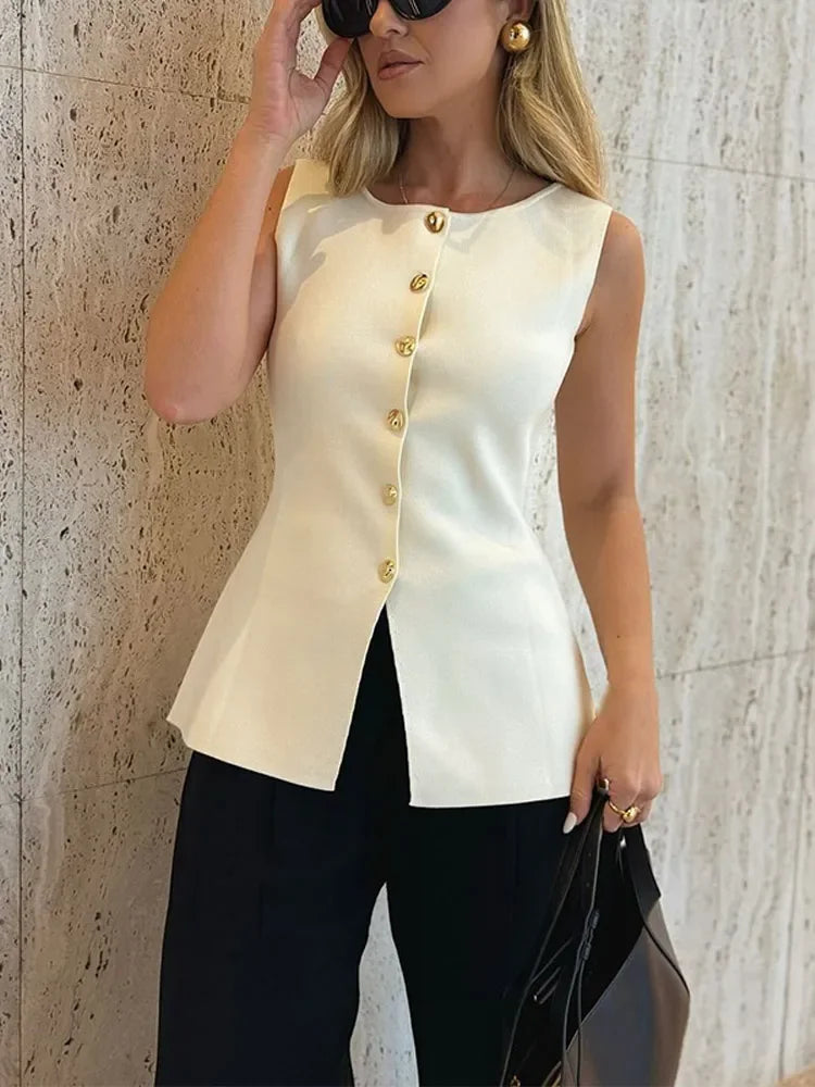 Ärmelloses Damen Top mit Knöpfen - Schwarz oder Weiß