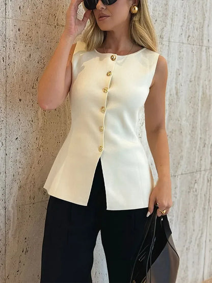 Ärmelloses Damen Top mit Knöpfen - Schwarz oder Weiß