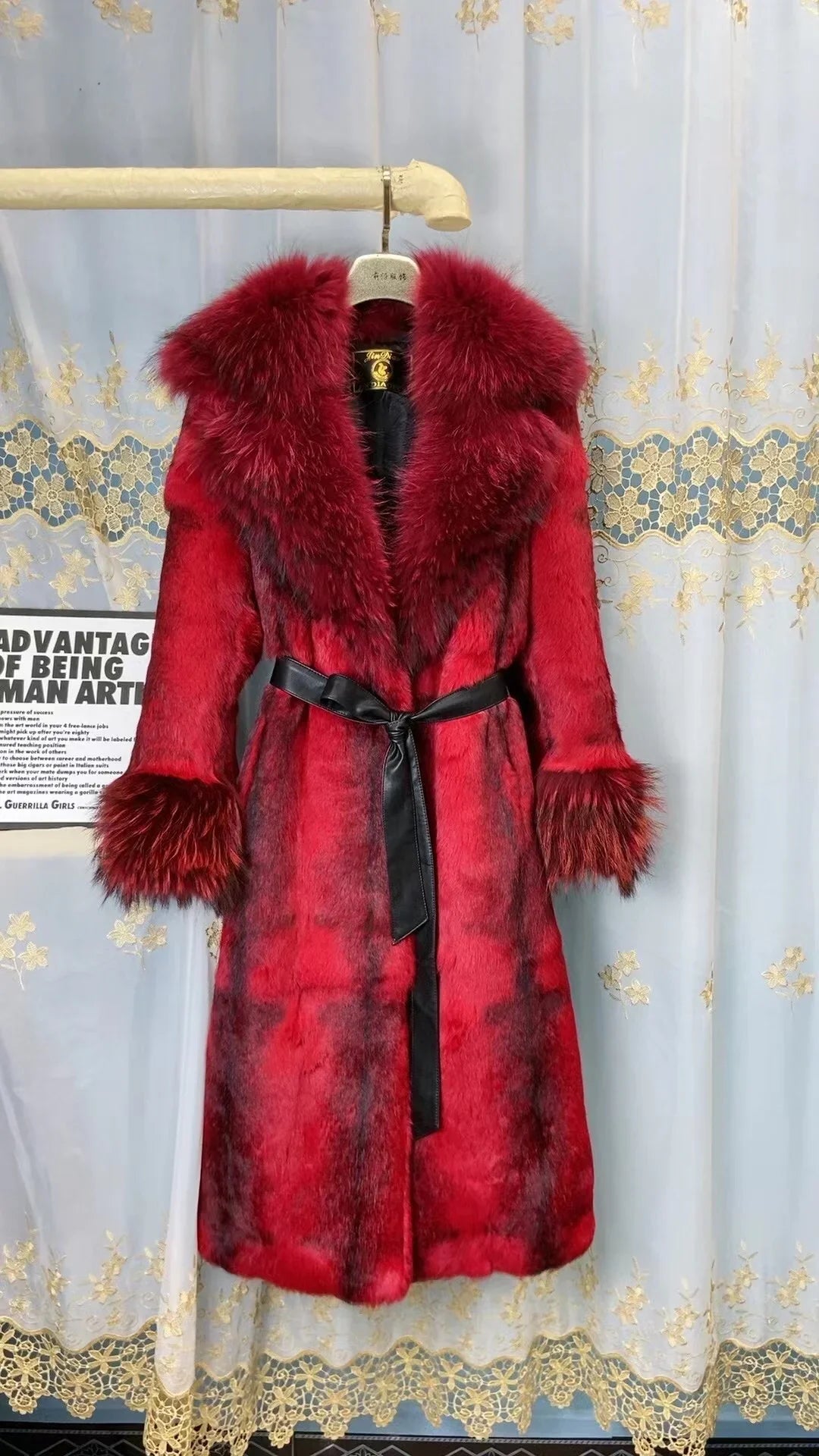 Damen Fell-Look Mantel Türkis mit breitem Kragen und Gürtel