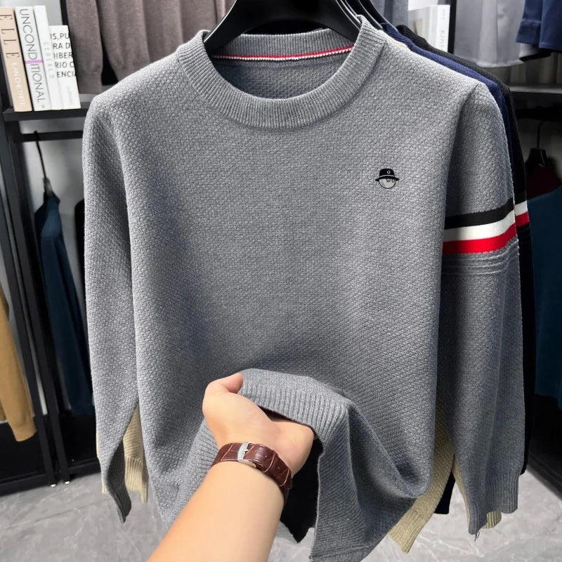 Herren Pullover Rundhals Langarm Strickpullover mit Textur und Streifen