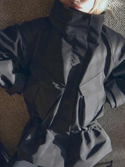 Damen Stehkragen Jacke mit Kordelzug in Schwarz Oversize-Passform
