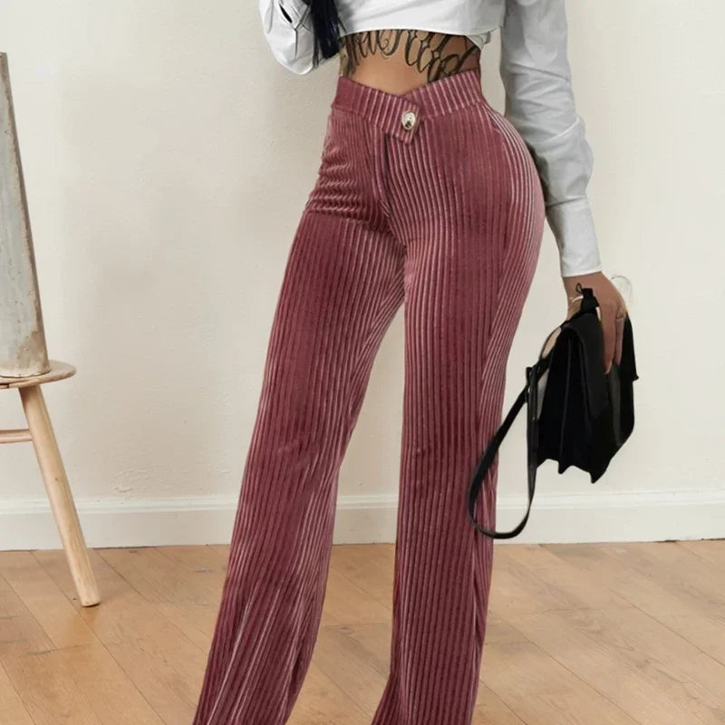 Gerippte Hose mit hoher Taille für Damen – Schlaghose mit weitem Bein, Samtoptik