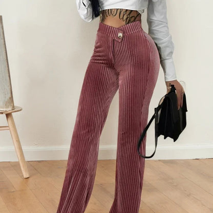 Gerippte Hose mit hoher Taille für Damen – Schlaghose mit weitem Bein, Samtoptik