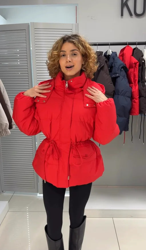 Damen Pufferjacke mit Kapuze und Tunnelzug Kurz Cremeweiß