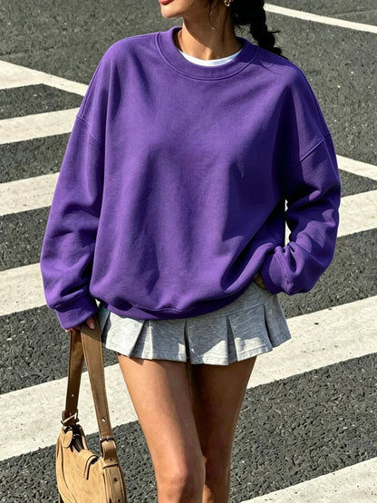 Damen Sweatshirt Lila Oversize Rundhals Langarm Basic-Pullover