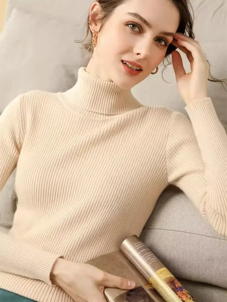 Damen Rollkragenpullover Rippstrick Slim Fit Langarm