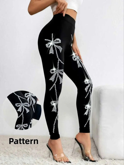 Damen Leggings Schwarz mit Glitzer-Schleifenmuster Hohe Taille