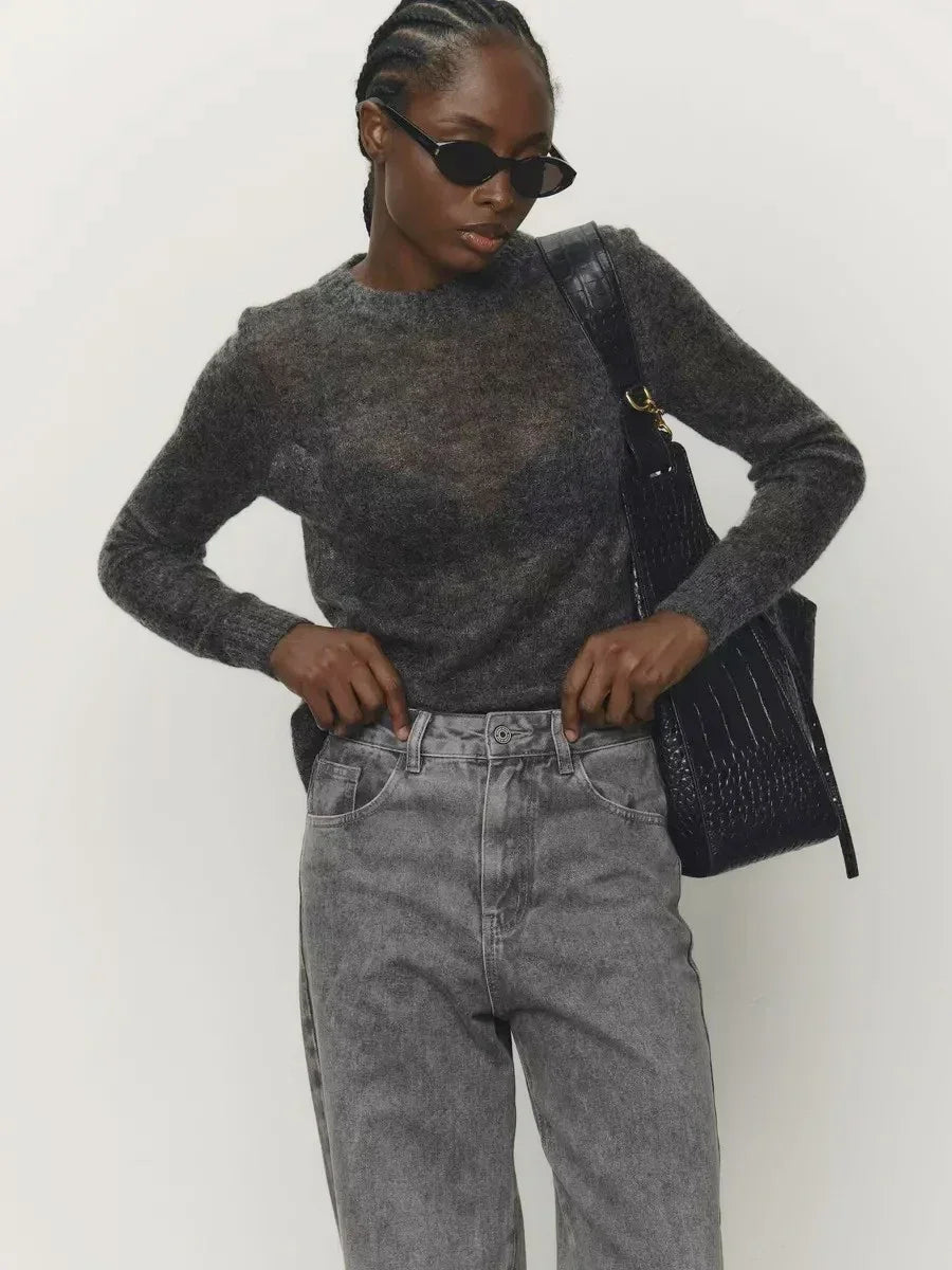Damen Pullover leicht transparent Rundhals Strick Langarm