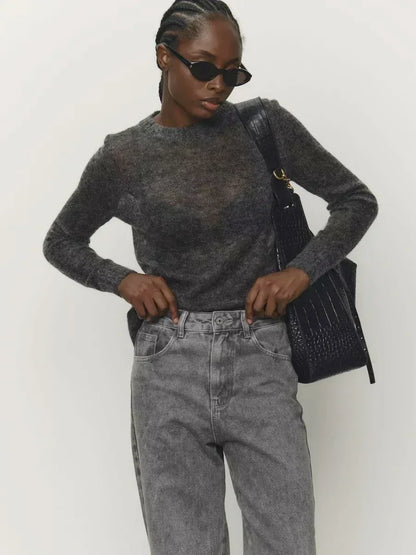 Damen Pullover leicht transparent Rundhals Strick Langarm