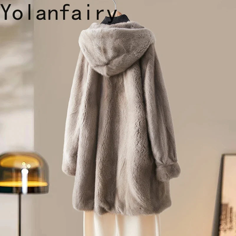 Damen Kapuzenjacke Lang Kunstfell Teddyfell Grau-Beige