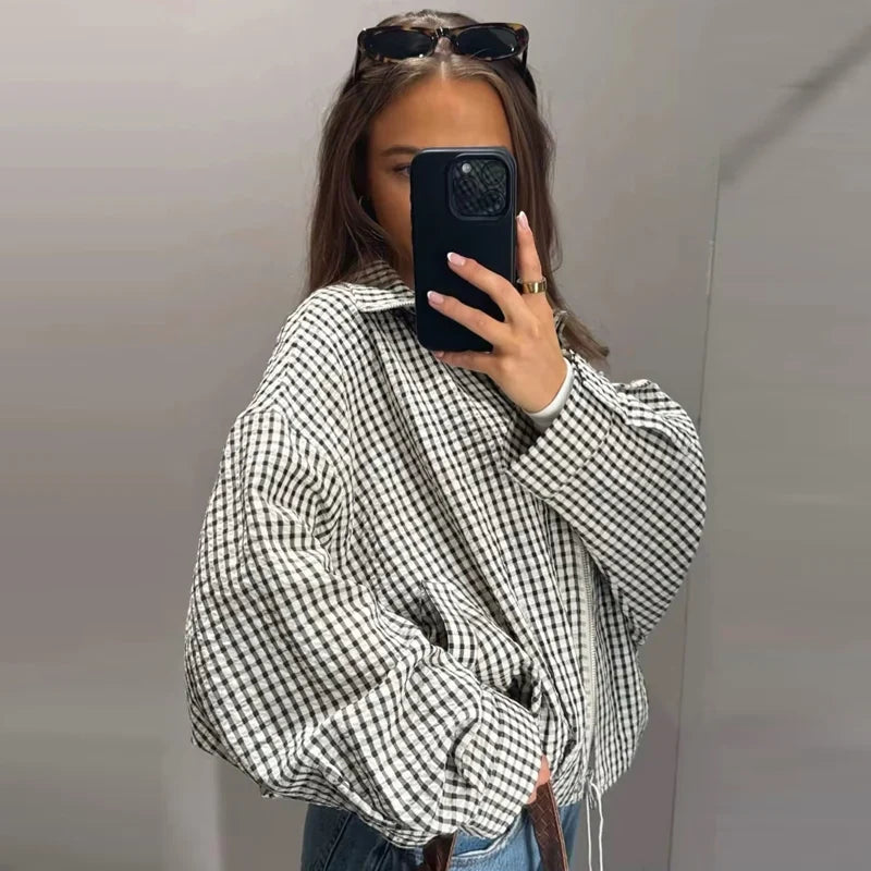 Damen Karo Hemd Stehkragen Oversize Bluse Lange Ärmel