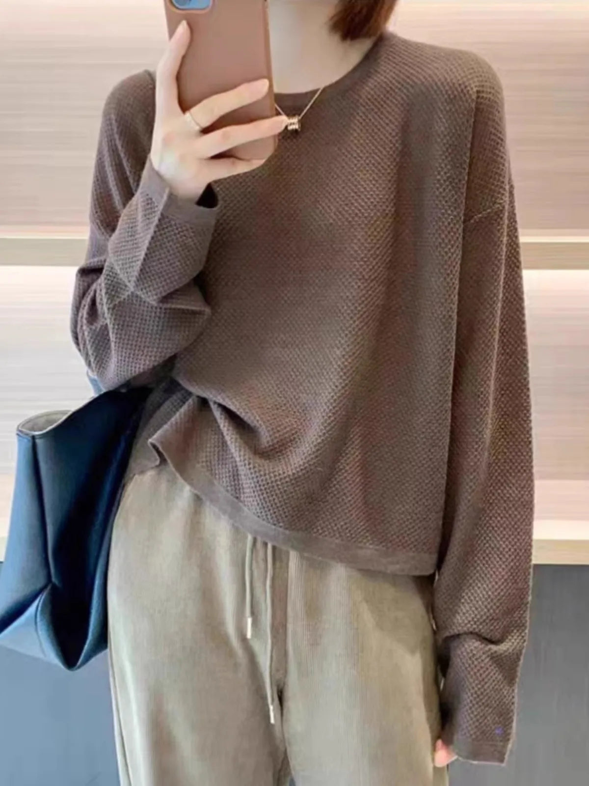 Damen Langarmshirt Rundhals Strukturmuster Lockerer Schnitt