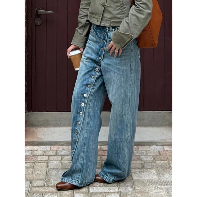 Jeans Damen Weite Beine Hoher Bund Knopfleiste Blau Weit Geschnitten