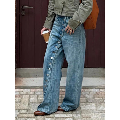 Jeans Damen Weite Beine Hoher Bund Knopfleiste Blau Weit Geschnitten