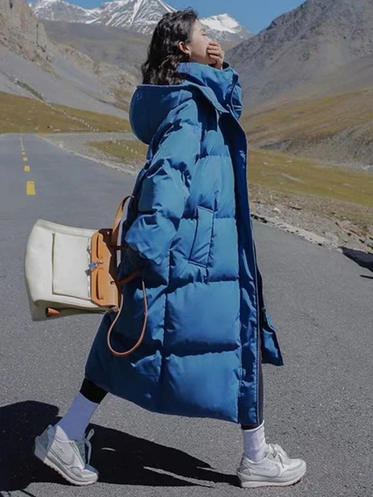 Langer Steppmantel Damen mit Kapuze Winter Warm Gefütterte Daunenjacke Winddicht