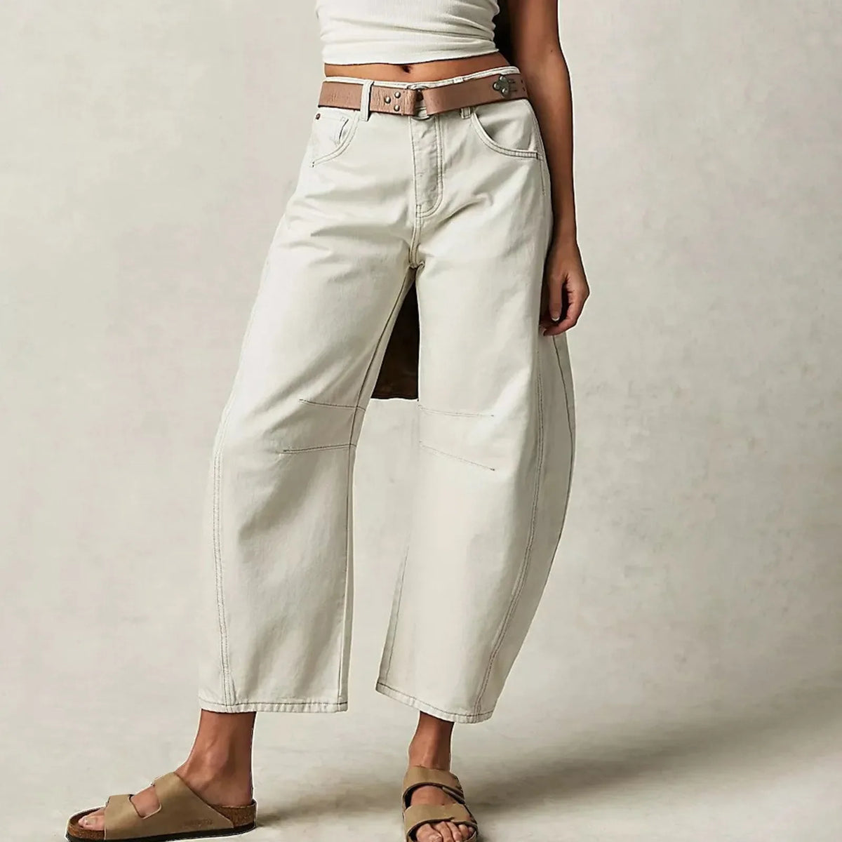 Damen Weite Hose Lockerer Schnitt Jeans Stil Hochbund mit Kniedetails