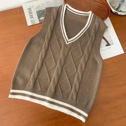 Strick Weste Damen V-Ausschnitt Zopfmuster College-Stil Ärmelloser Pullover