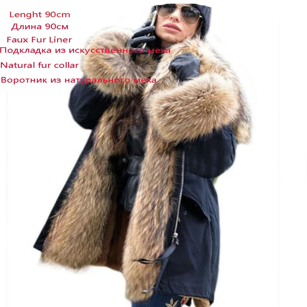 Damen Winterparka Schwarz mit Pelzbesatz Kapuze Lang