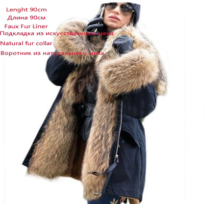 Damen Winterparka Schwarz mit Pelzbesatz Kapuze Lang