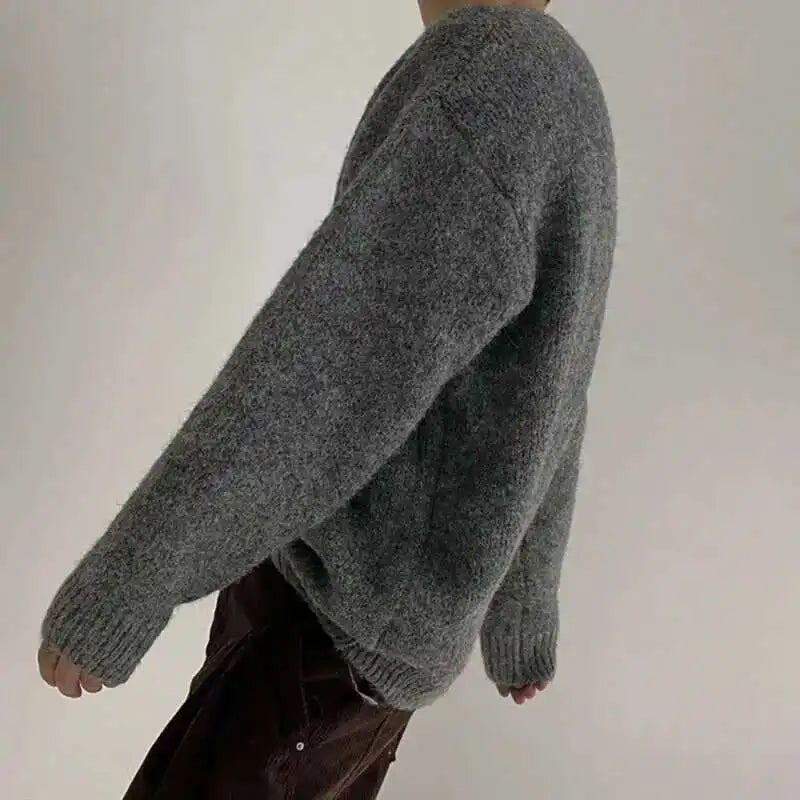 Grauer Strickpullover Rundhals für Herren, Langarm, Grobstrick