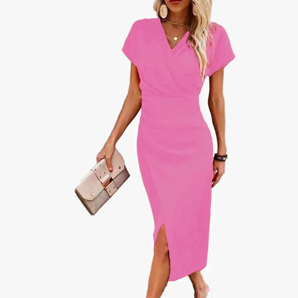 Damen Midikleid Elegant Wickeloptik V-Ausschnitt Business & Freizeit
