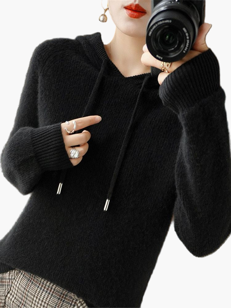 Damen Strickpullover Kapuzenpullover mit Kordelzug – Stilvoller Alltags-Hoodie für Herbst & Winter