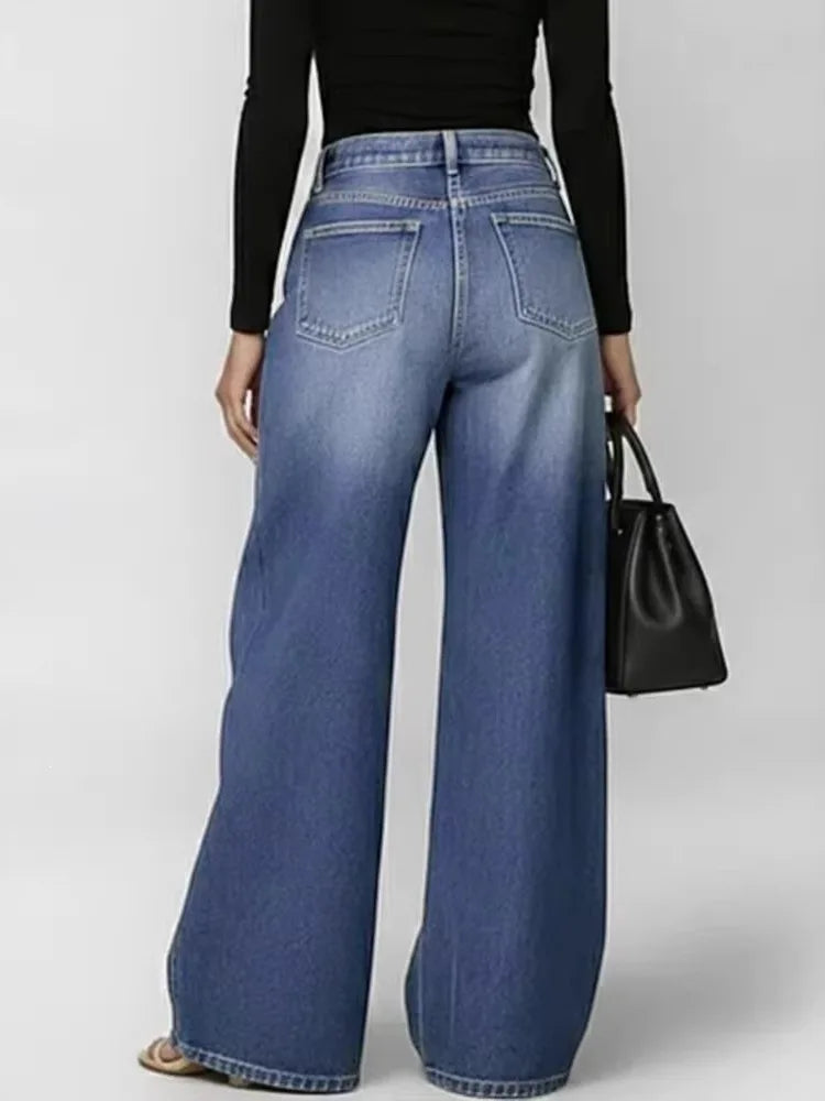 Damen Weite Jeans Hose mit Ösen Details und Hohem Bund