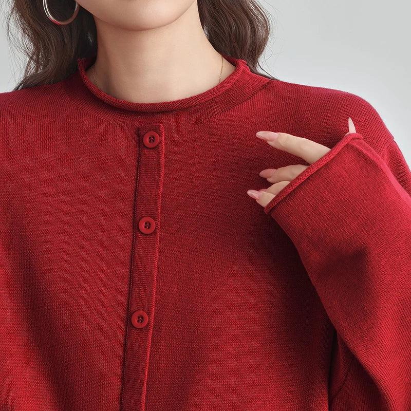 Damen Cardigan Strickjacke Rundhals Langarm Knöpfe Schwarz Braun Grau Rot