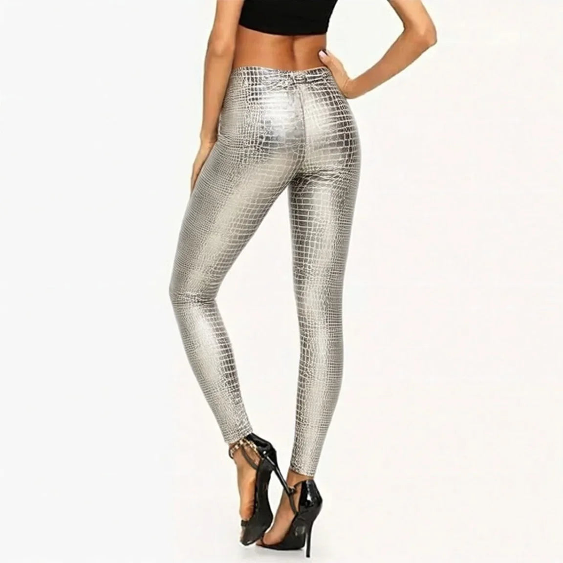 Damen Leggings mit Schlangenmuster Glänzend High Waist Silber
