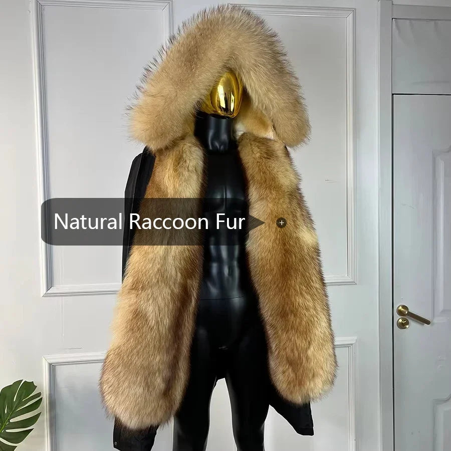Winterparka Herren Schwarz mit Brauner Kunstfellkapuze und Futter