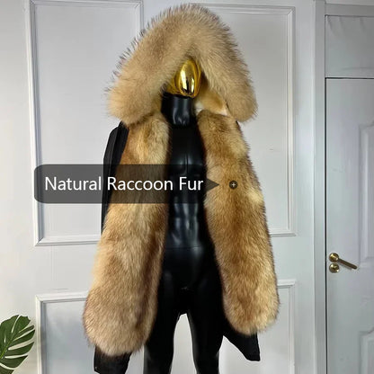 Winterparka Herren Schwarz mit Brauner Kunstfellkapuze und Futter