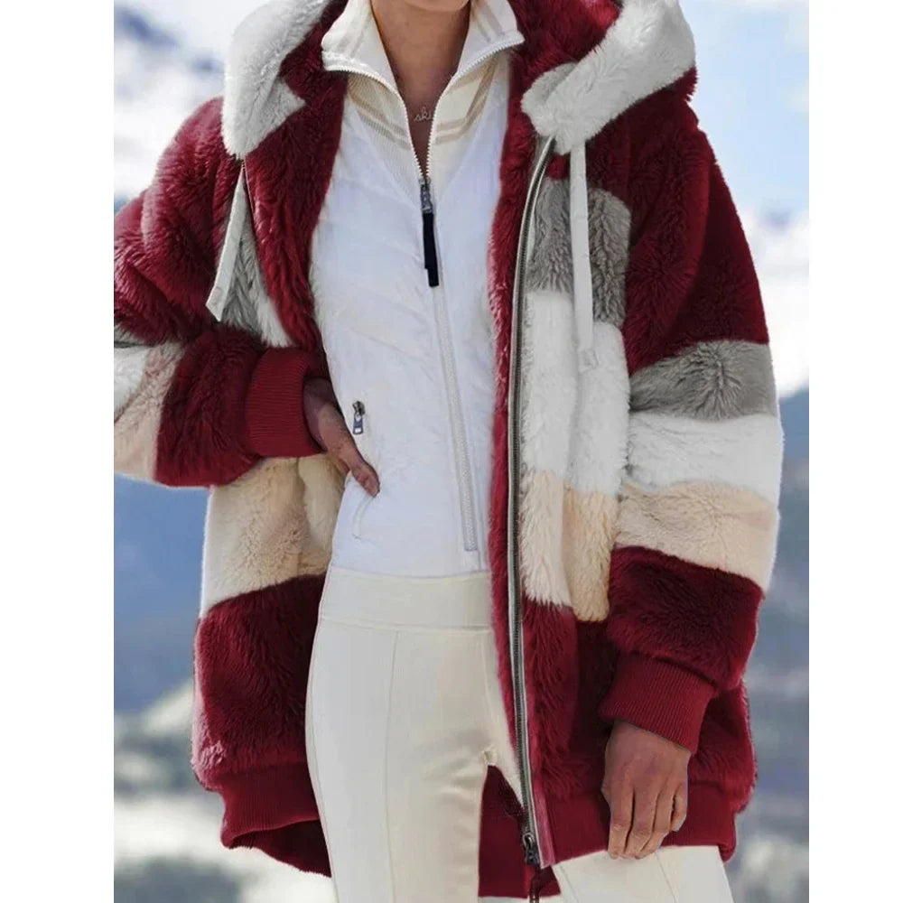 Damen Teddyfell Jacke mit Kapuze Reißverschluss Mehrfarbig Blockstreifen Winter