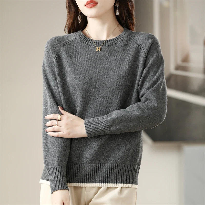 Damen Pullover Rundhals Langarm Strickpullover Einfarbig