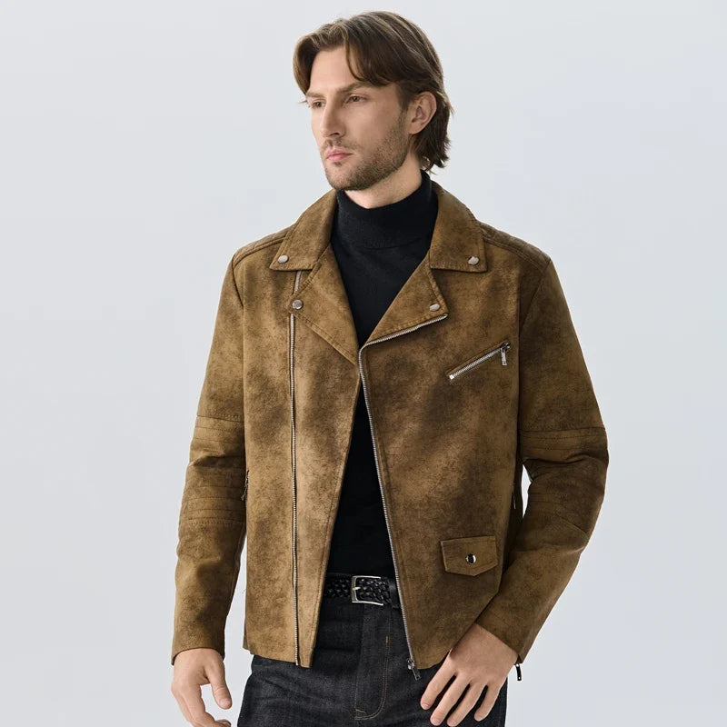 Herren Bikerjacke Wildleder-Optik Asymmetrischer Reißverschluss Braun