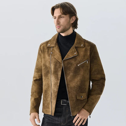Herren Bikerjacke Wildleder-Optik Asymmetrischer Reißverschluss Braun