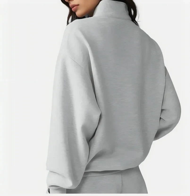 Damen Sweatshirt mit Stehkragen und Reißverschluss & Shorts Set Grau