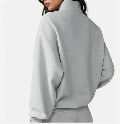 Damen Sweatshirt mit Stehkragen und Reißverschluss & Shorts Set Grau