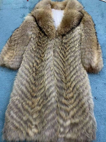 Damen Langer Mantel aus Kunstfell mit Chevron-Muster und Kragen