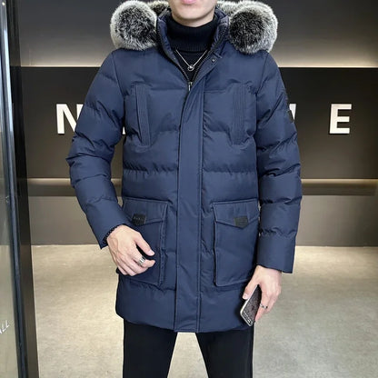 Herren Winterparka mit Kapuze und Kunstfellbesatz, Steppjacke in Marineblau, Schwarz, Grün