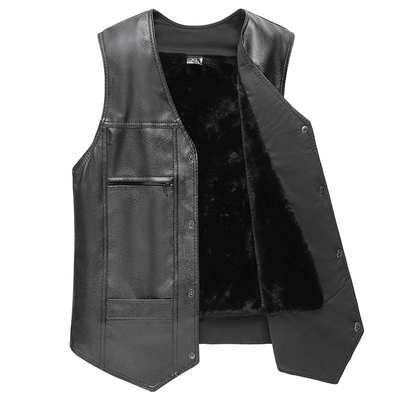 Herren Weste Schwarz mit warmem Fleecefutter, ärmellose Jacke mit Druckknöpfen und Taschen