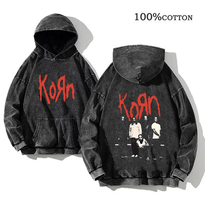 Unisex Kapuzenpullover Grau verwaschen mit Band-Print Vorn & Hinten