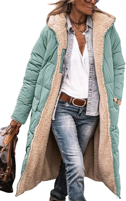 Damen Steppmantel Lang Winter Daunen-Optik mit Teddyfutter Kapuze