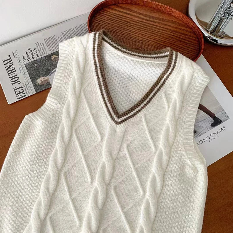 Strick Weste Damen V-Ausschnitt Zopfmuster College-Stil Ärmelloser Pullover