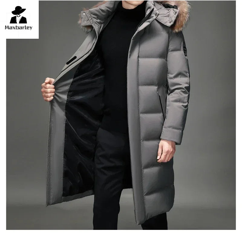 Herren Winter Steppmantel Lang Kapuze Pelzimitat Schwarz