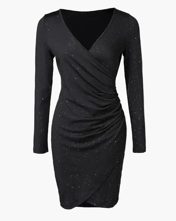 Damen Elegantes Cocktailkleid mit Wickeloptik und Langarm – Perfekt für Abendveranstaltungen und Partys