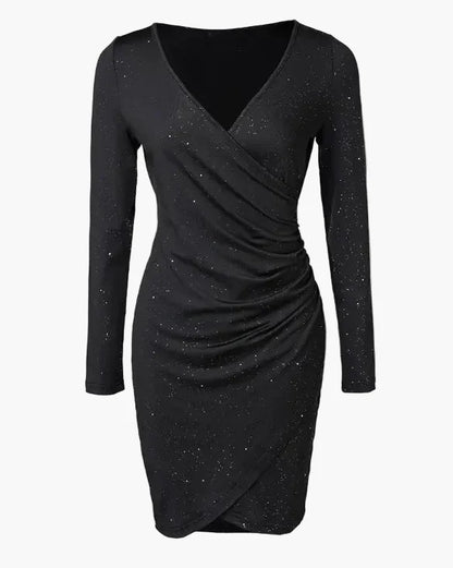 Damen Elegantes Cocktailkleid mit Wickeloptik und Langarm – Perfekt für Abendveranstaltungen und Partys
