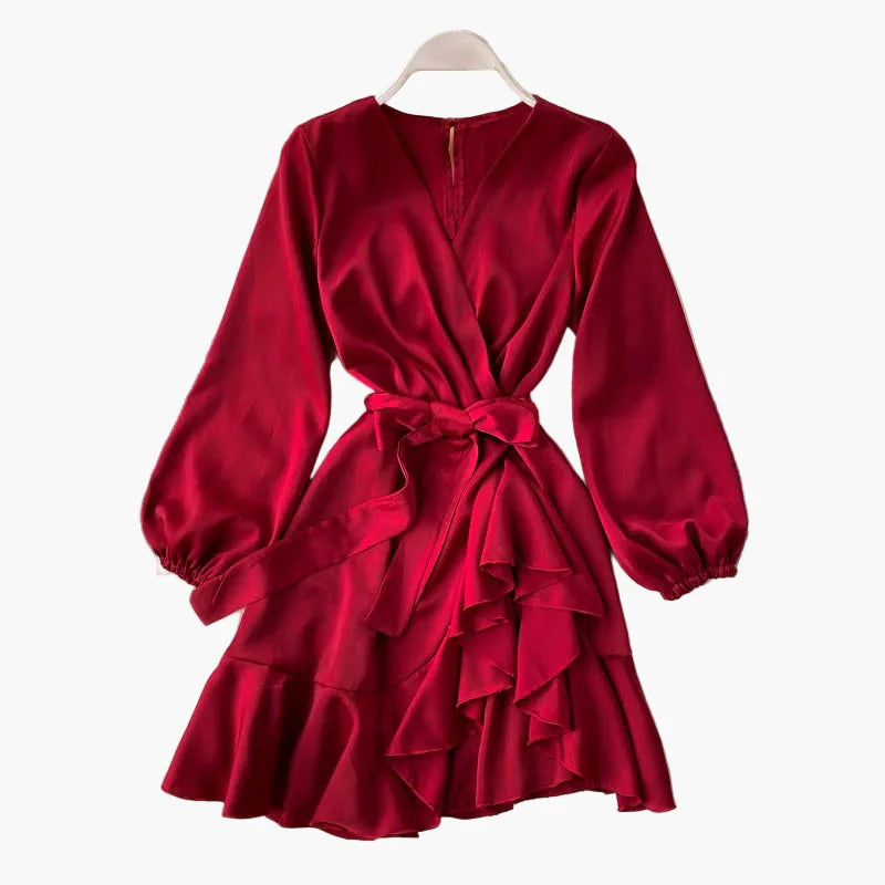 Damen Wickelkleid mit Volants und Gürtel – Elegantes Party- und Abendkleid