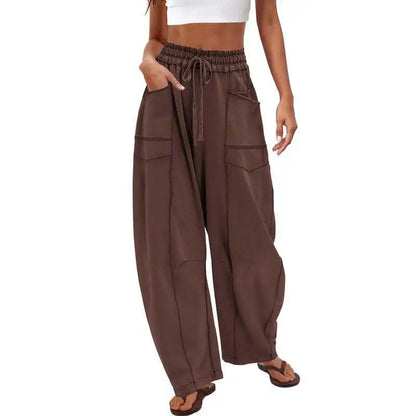 Damen Freizeithose Braun Weites Bein Elastischer Bund Kordelzug